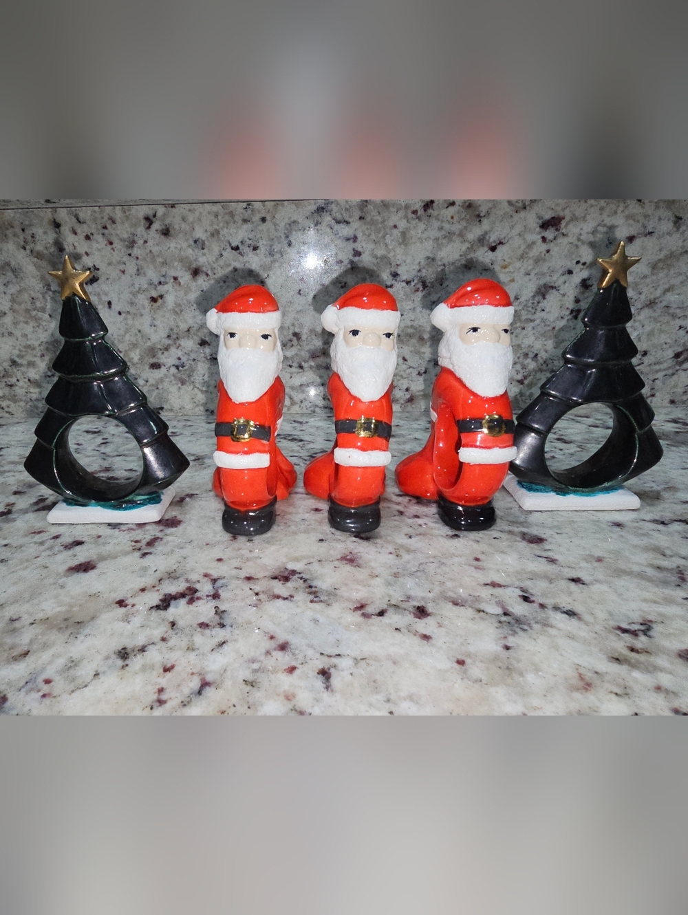 Ceramic Handpainted Napkin Rings Santa - Christmas Trees Set Of 5 Vintage
